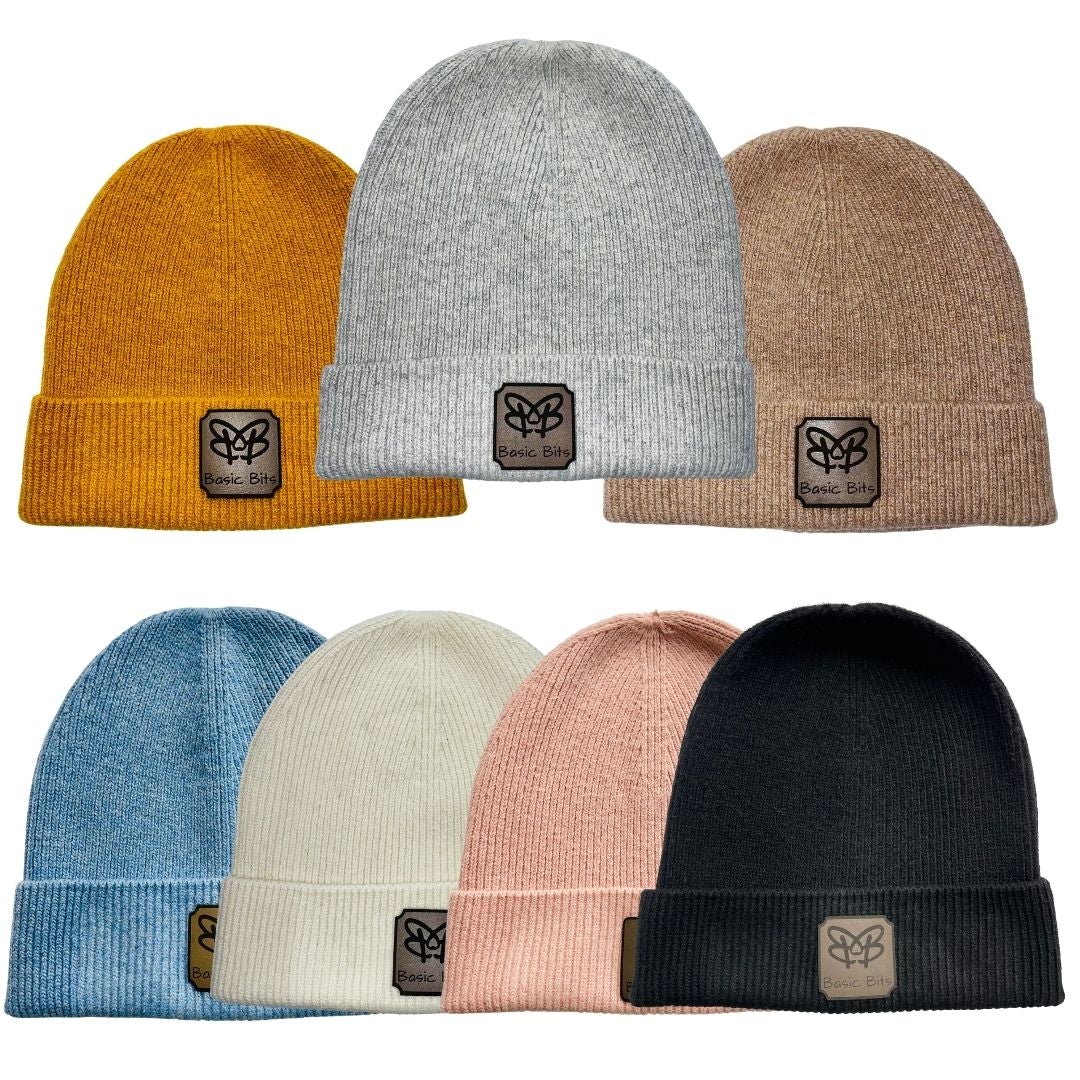 12 Cashmere Blend Cuffed Hat with Leather Patch